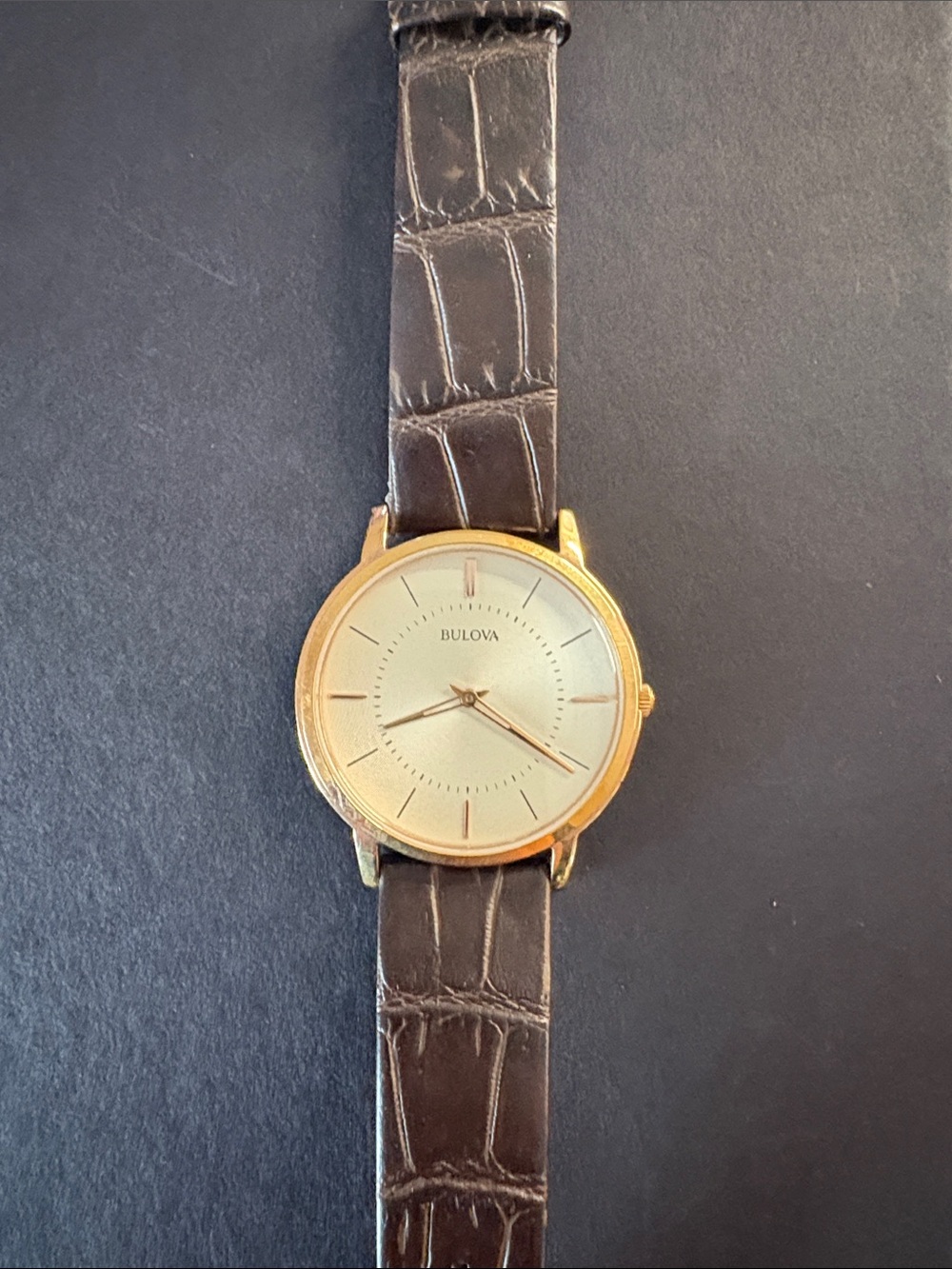 Bulova Gold Case Watch with Brown Leather Strap and Cream Dial